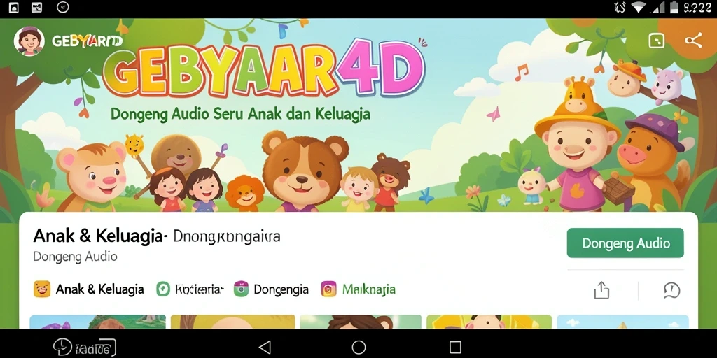 Antarmuka menarik GEBYAR4D dengan pilihan dongeng audio.