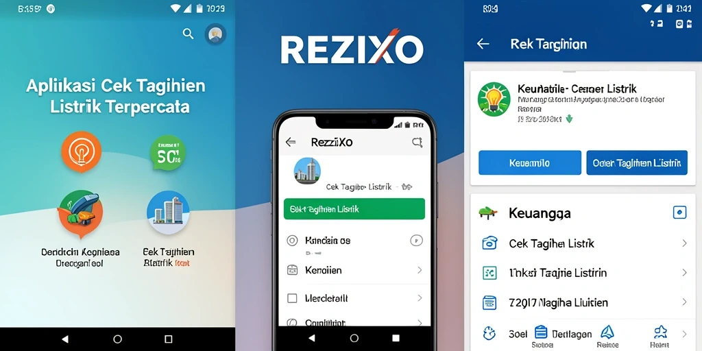 Tampilan antarmuka aplikasi Cek Tagihan Listrik REZIXO dengan fitur-fitur unggulan.